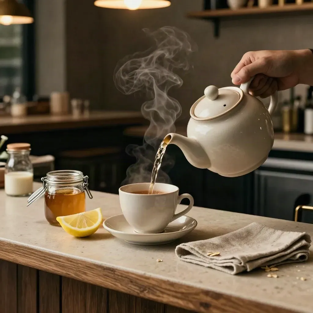 Tea service with teapot pouring into stacked cups, honey, lemon and oat milk on a café counter.
