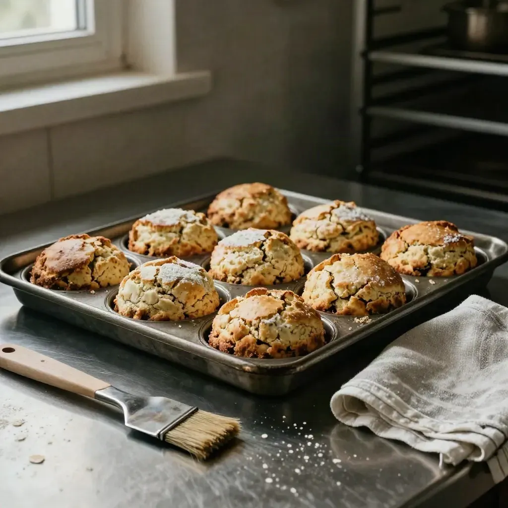 Scones on bakery trays with a bench scraper, pastry brush, and linen towel on a prep counter.