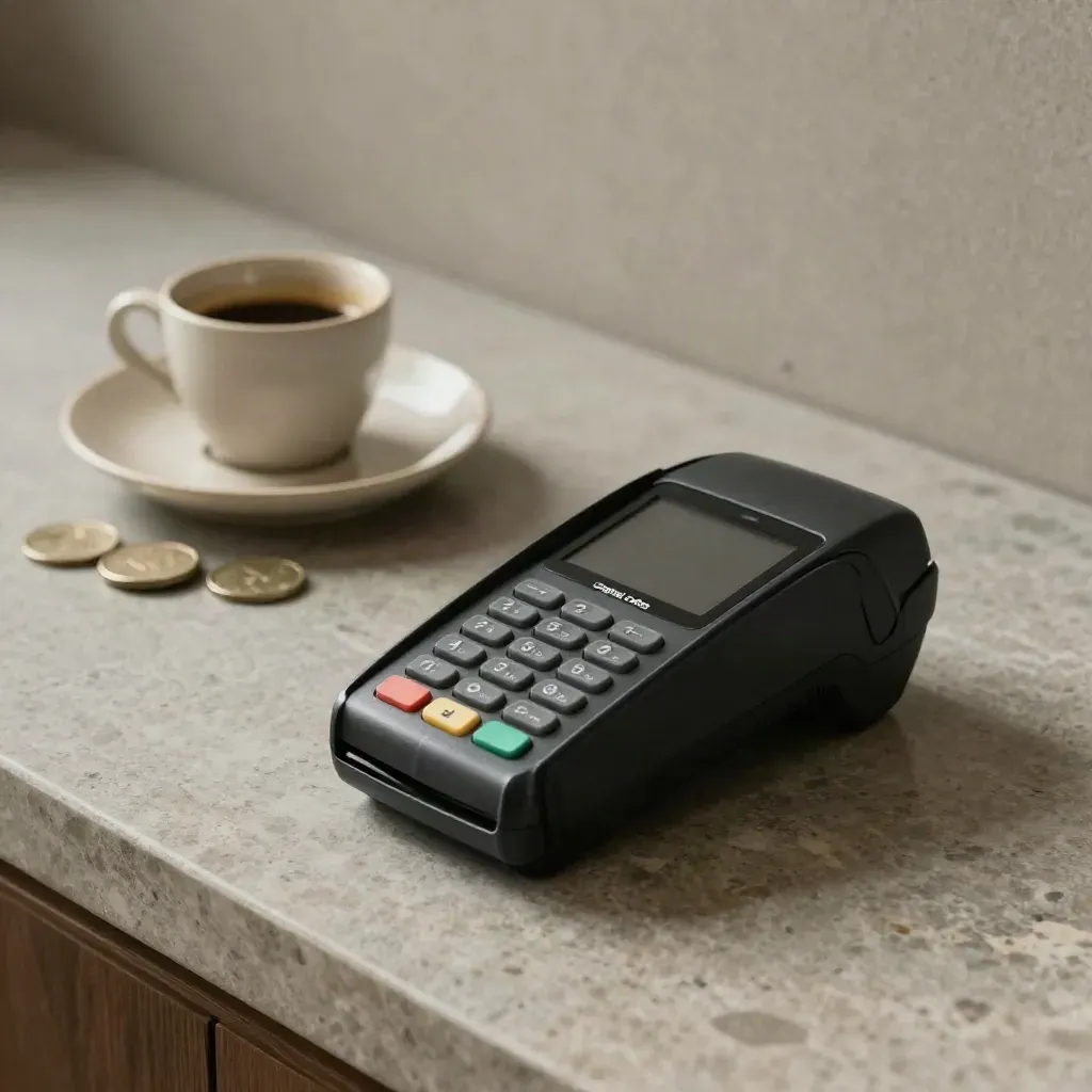 Matte black payment terminal beside saucer and coin cup on a stone counter.